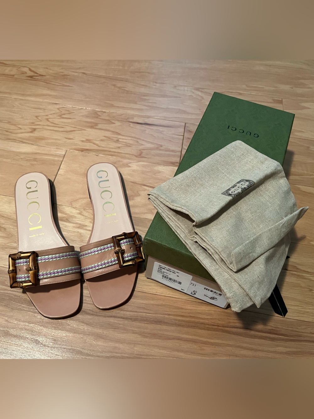 Gucci Pink Leather Slides with Bamboo Buckle and Striped Trim